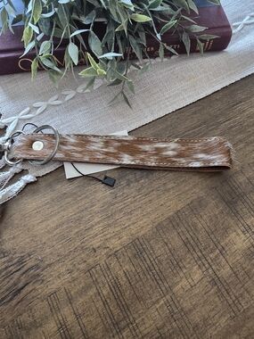Genuine Leather and Real Cowhide Wristlet Key Fob - Brown/White